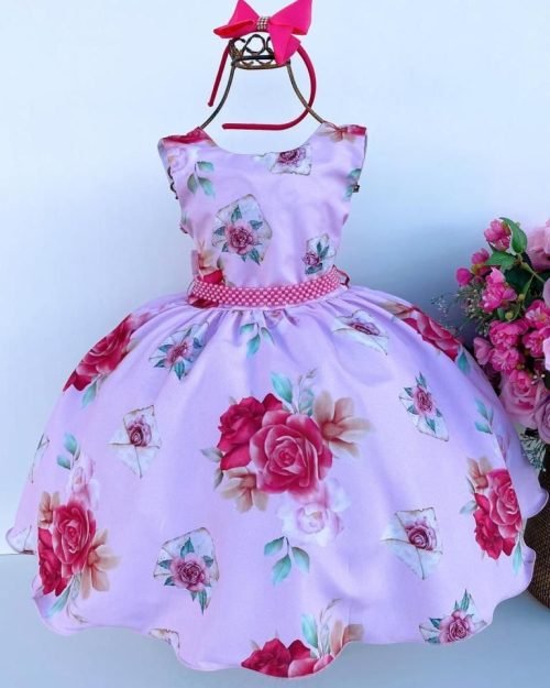 Vestido Juvenil Miss Cherry Rosa Florido com Cinto de Perolas
