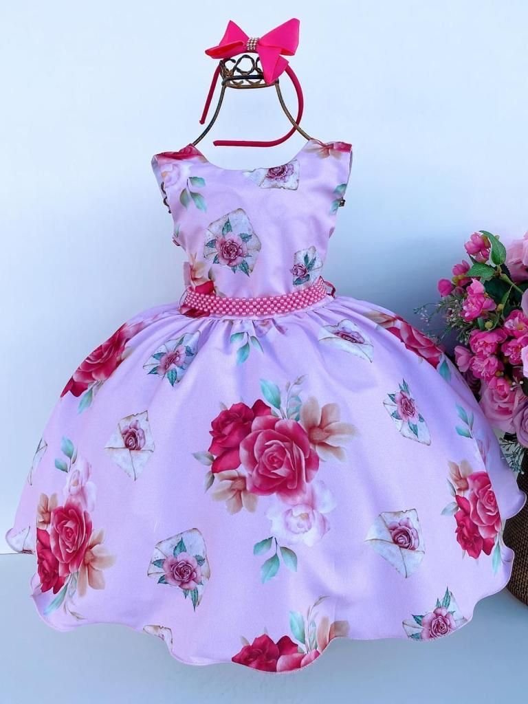 Vestido Juvenil Miss Cherry Rosa Florido com Cinto de Perolas