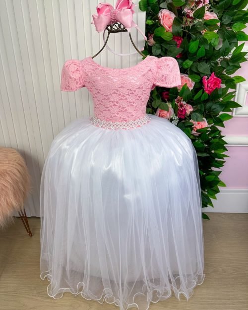 Vestido Enjoy Longo Mari Peito Rendado Rosa Bebe Saia Branca