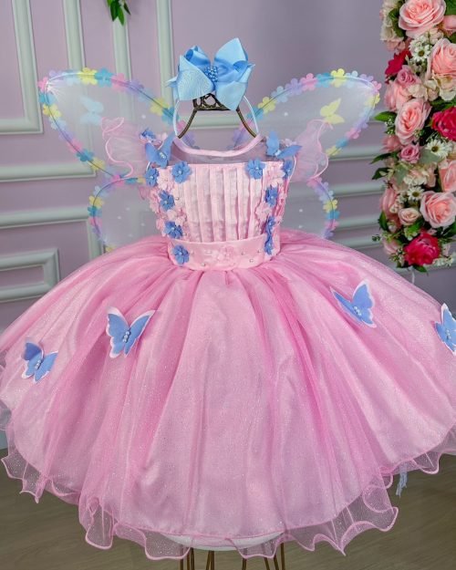 Vestido Marie Jardim Encantado Rosa Borboletas Azul