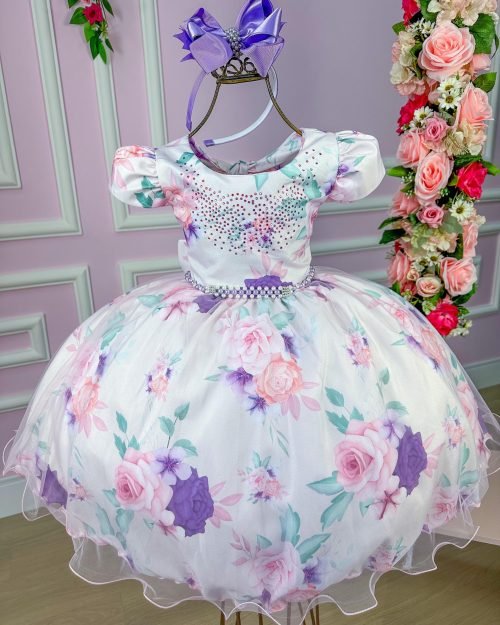 Vestido Bella Child Catarina Juvenil Off Flores Lilas
