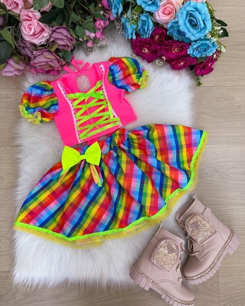 Conjunto Junino Banana Club Luxo Manu Rosa Neon
