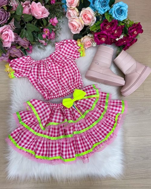 Conjunto Junino Banana Club Luxo Sofia Xadrez Rosa