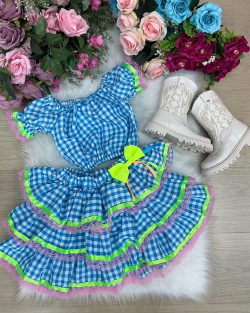 Conjunto Junino Banana Club Luxo Sofia Xadrez Azul