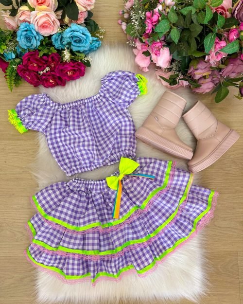 Conjunto Junino Banana Club Luxo Sofia Xadrez Lilas