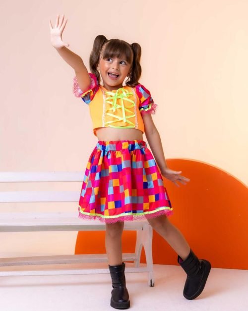 Conjunto Junino Banana Club Luxo Manu Laranja Neon