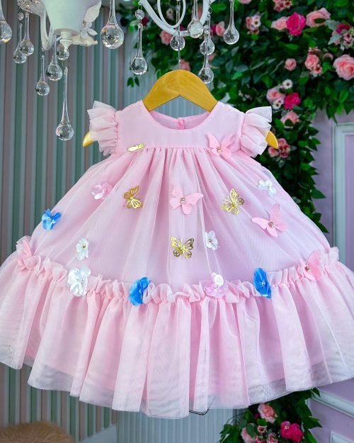 Vestido Vila Lele Jardim das Borboletas Baby Liz Rosa Bebe