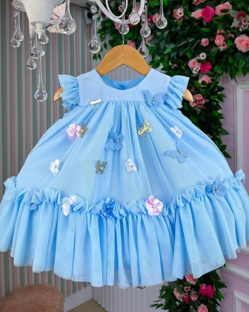 Vestido Vila Lele Jardim das Borboletas Baby Liz Azul Bebe